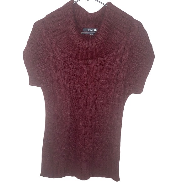 Forever 21 Womens Size S Cable Knit Sweater Cowl Neck Short Sleeve Burgundy - Picture 11 of 11